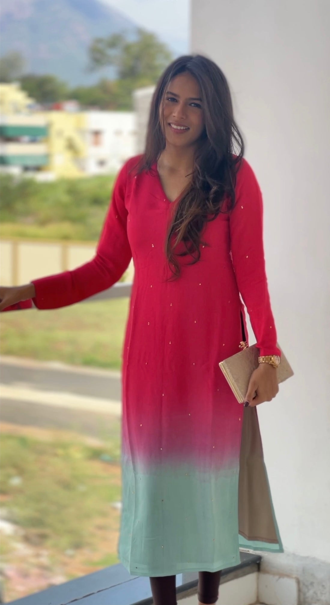 Rani Pink and Blue Ombré Kurta