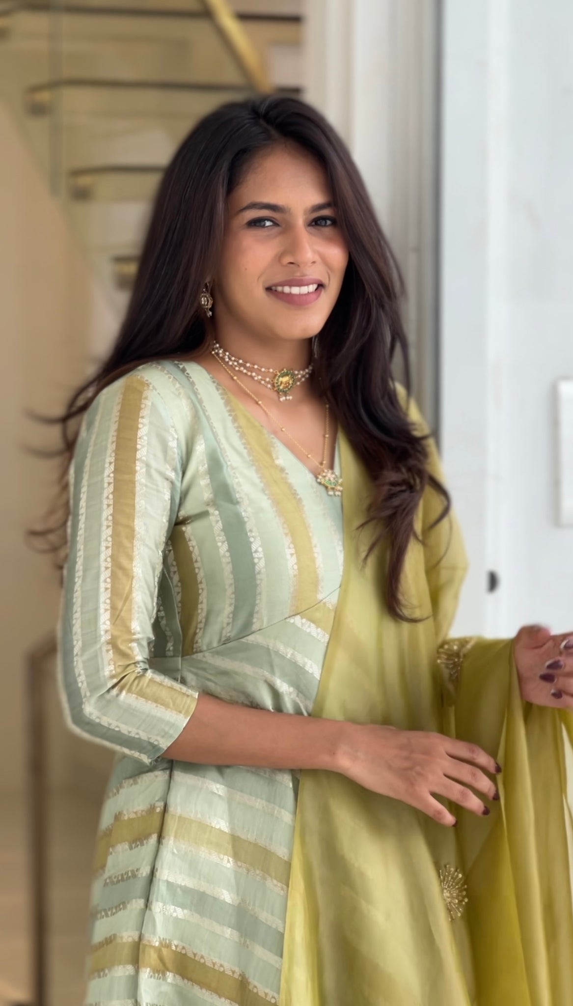 Green Striped Anarkali With Hand Embroidered Shawl