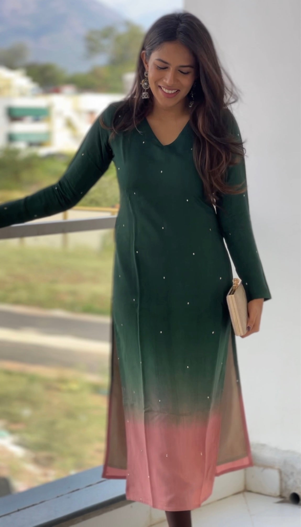 Oil green and Pink Ombré Kurta