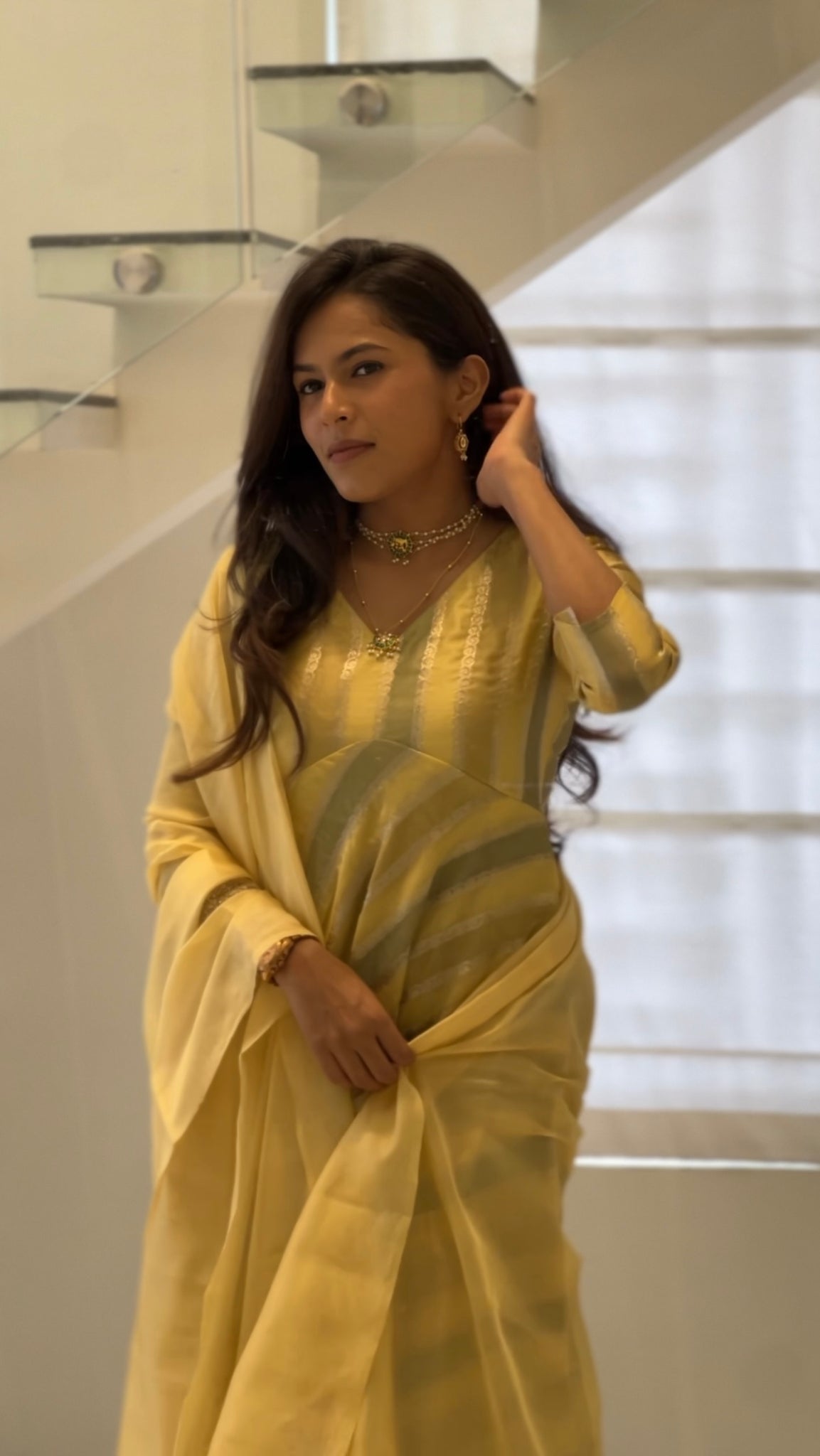 Yellow Striped Anarkali With Hand Embroidered Shawl