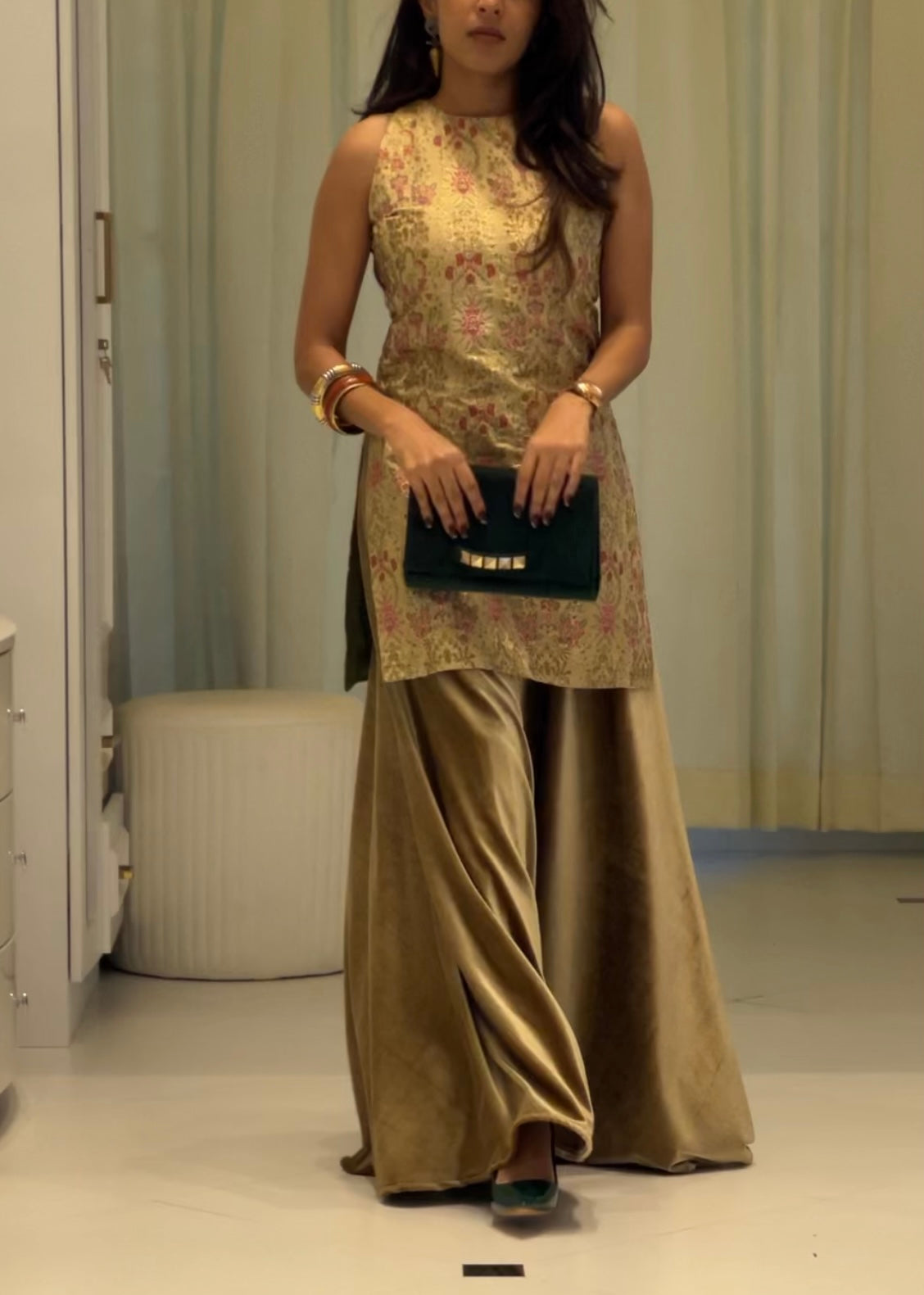 Banaras Kurta Velvet Flare Pants- Gold