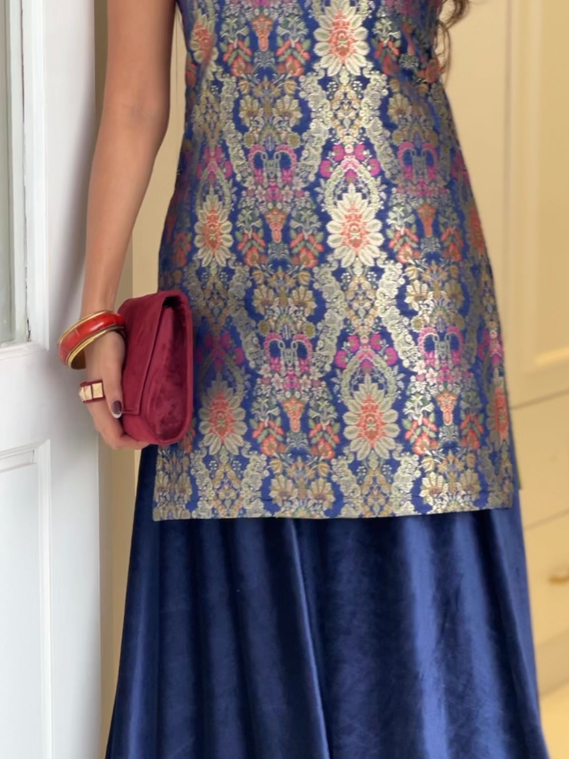 Banaras Kurta Velvet Flare Pants-  Midnight Blue
