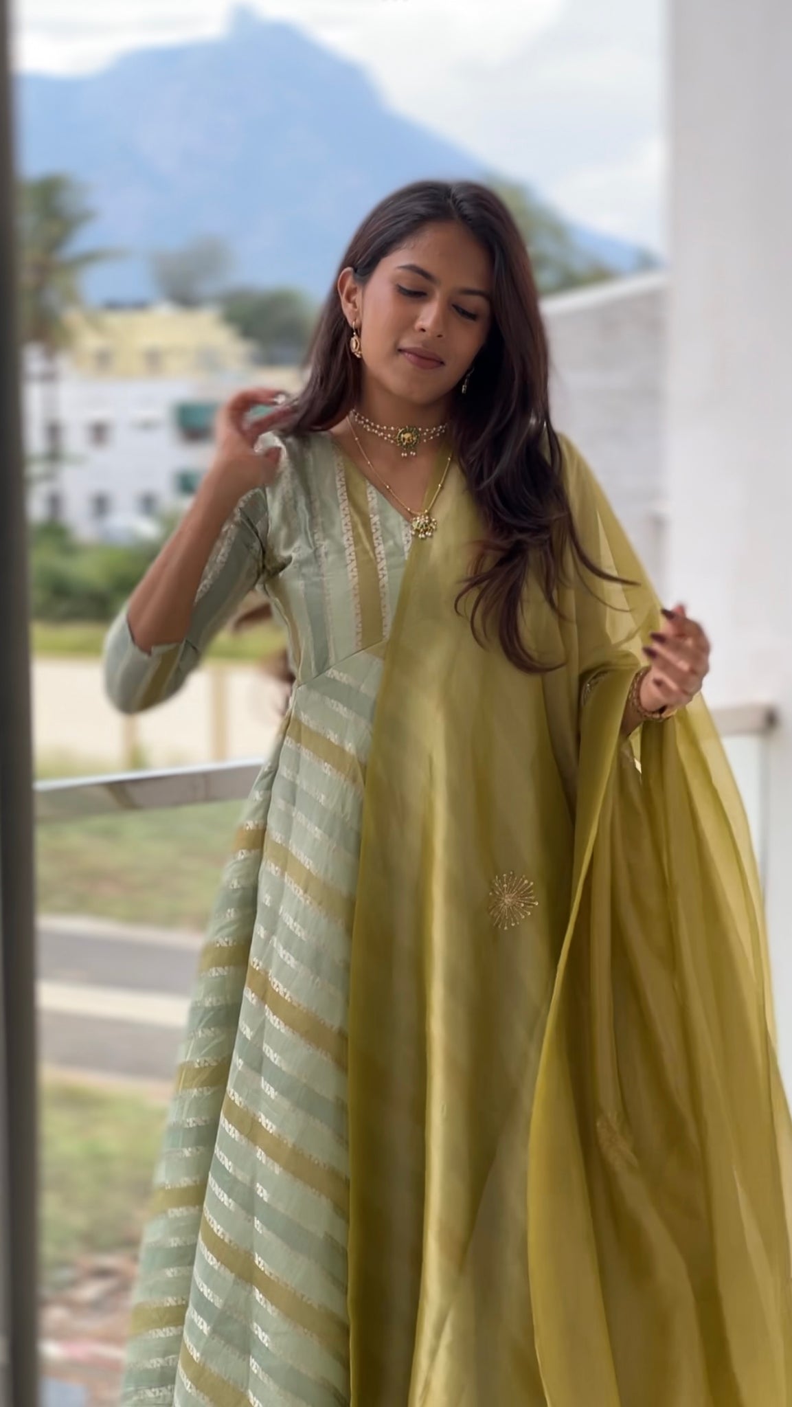 Green Striped Anarkali With Hand Embroidered Shawl