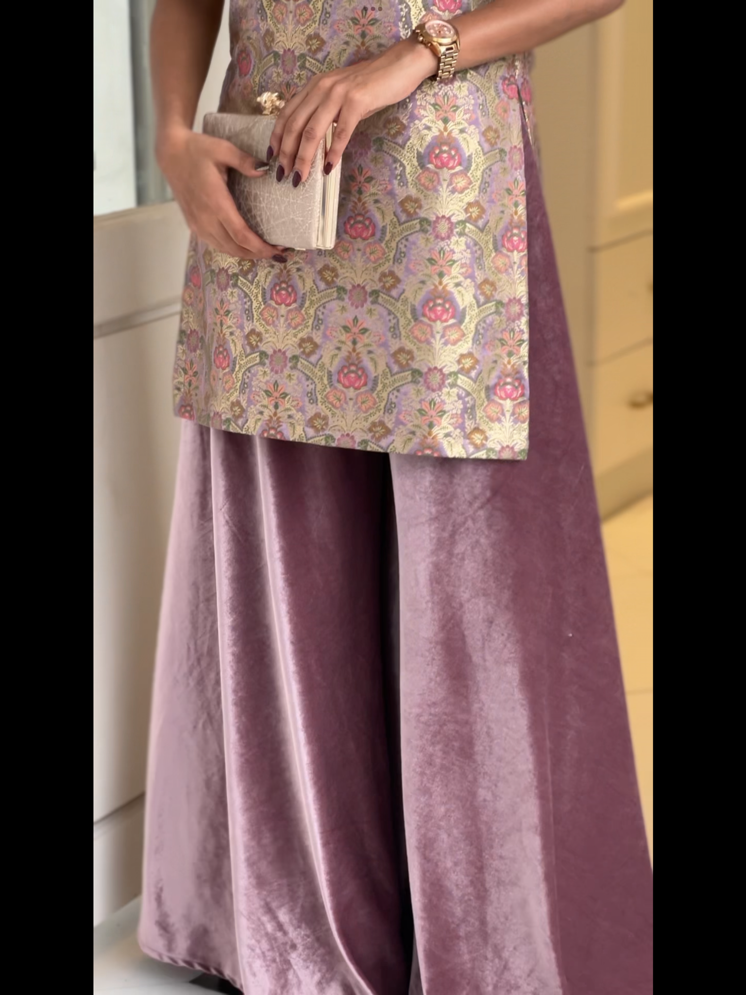 Banaras Kurta Velvet Flare Pants- Lavender