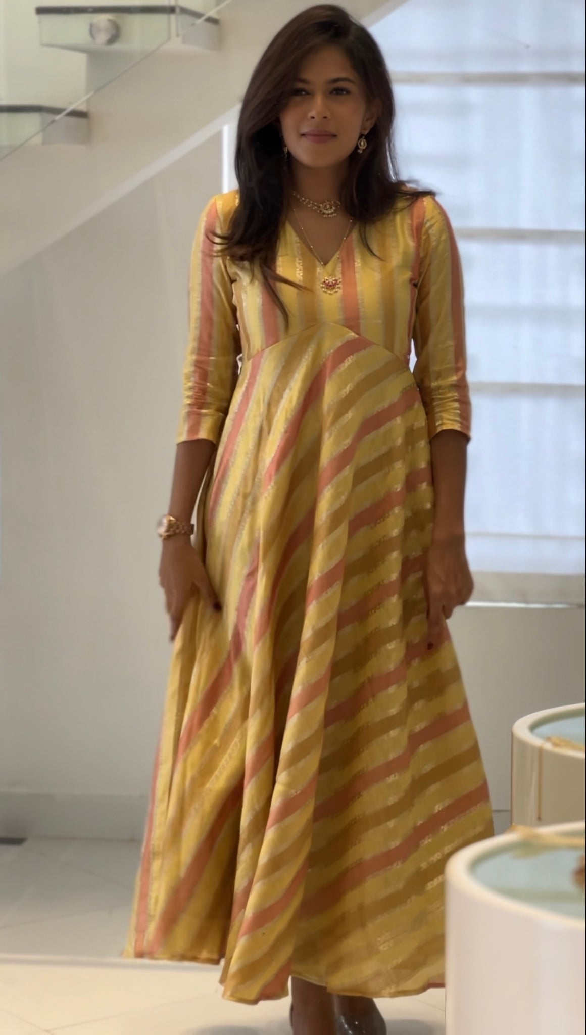 Peach Striped Anarkali With Hand Embroidered Shawl