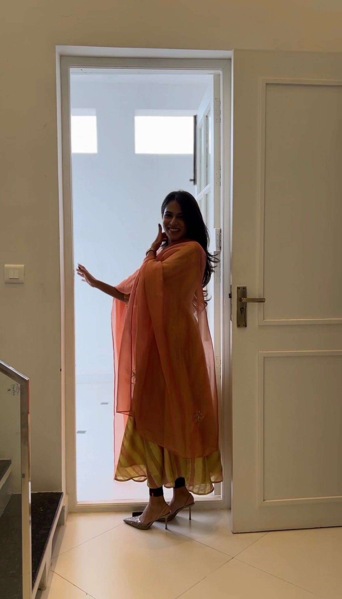 Peach Striped Anarkali With Hand Embroidered Shawl