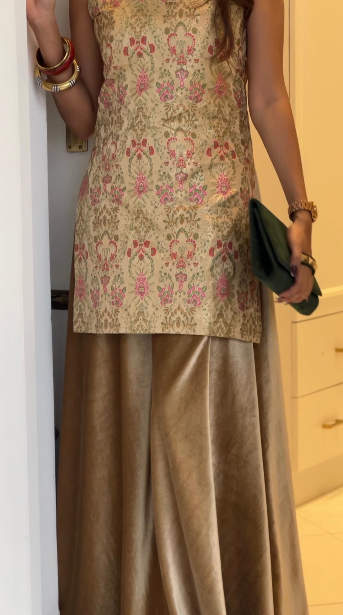 Banaras Kurta Velvet Flare Pants- Gold