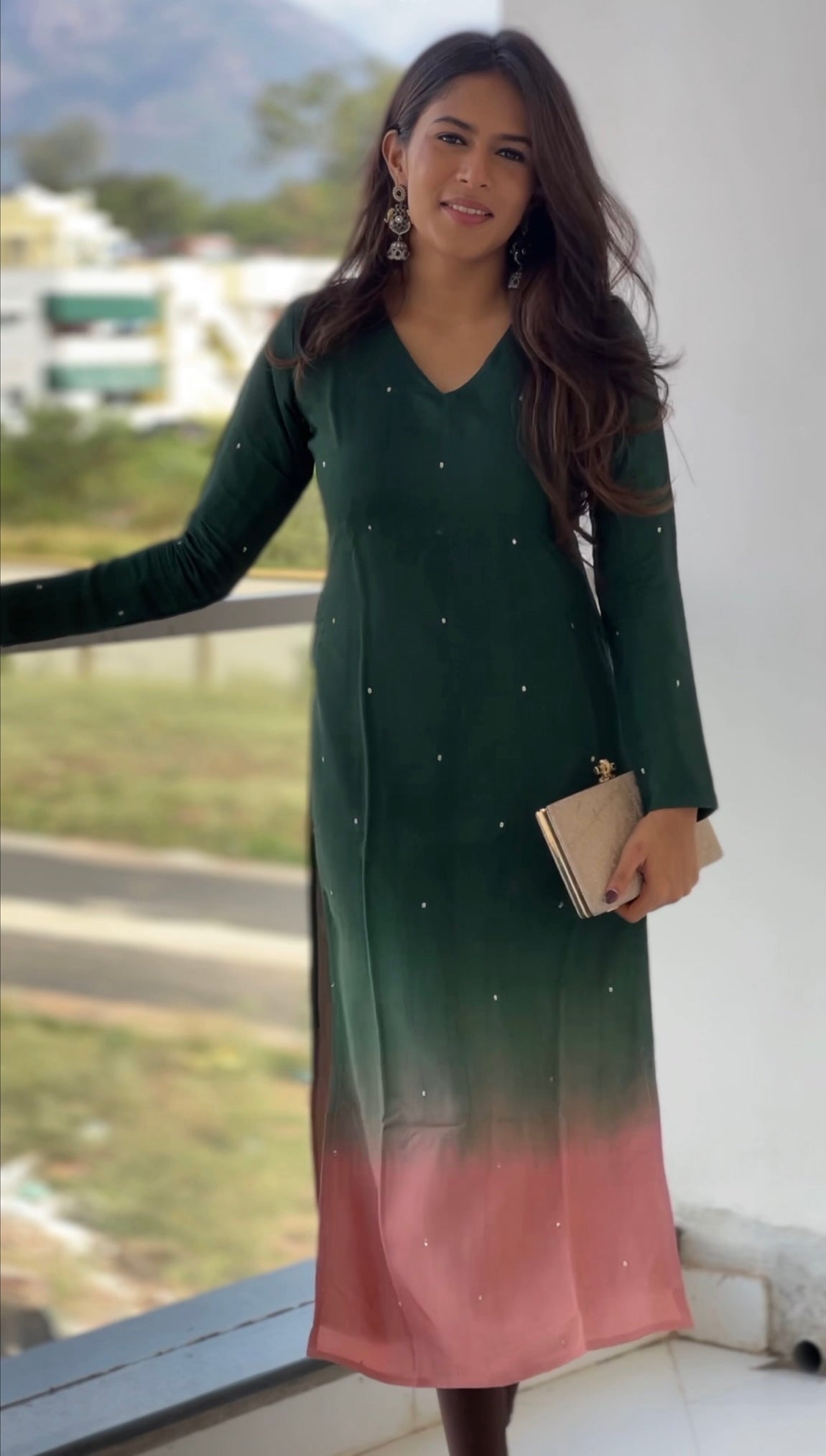 Oil green and Pink Ombré Kurta
