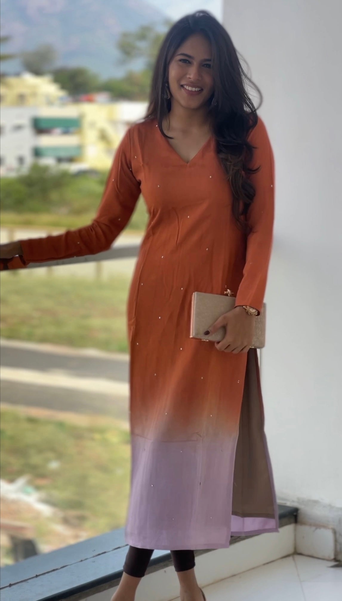 Rust orange and Lavender Ombré Kurta